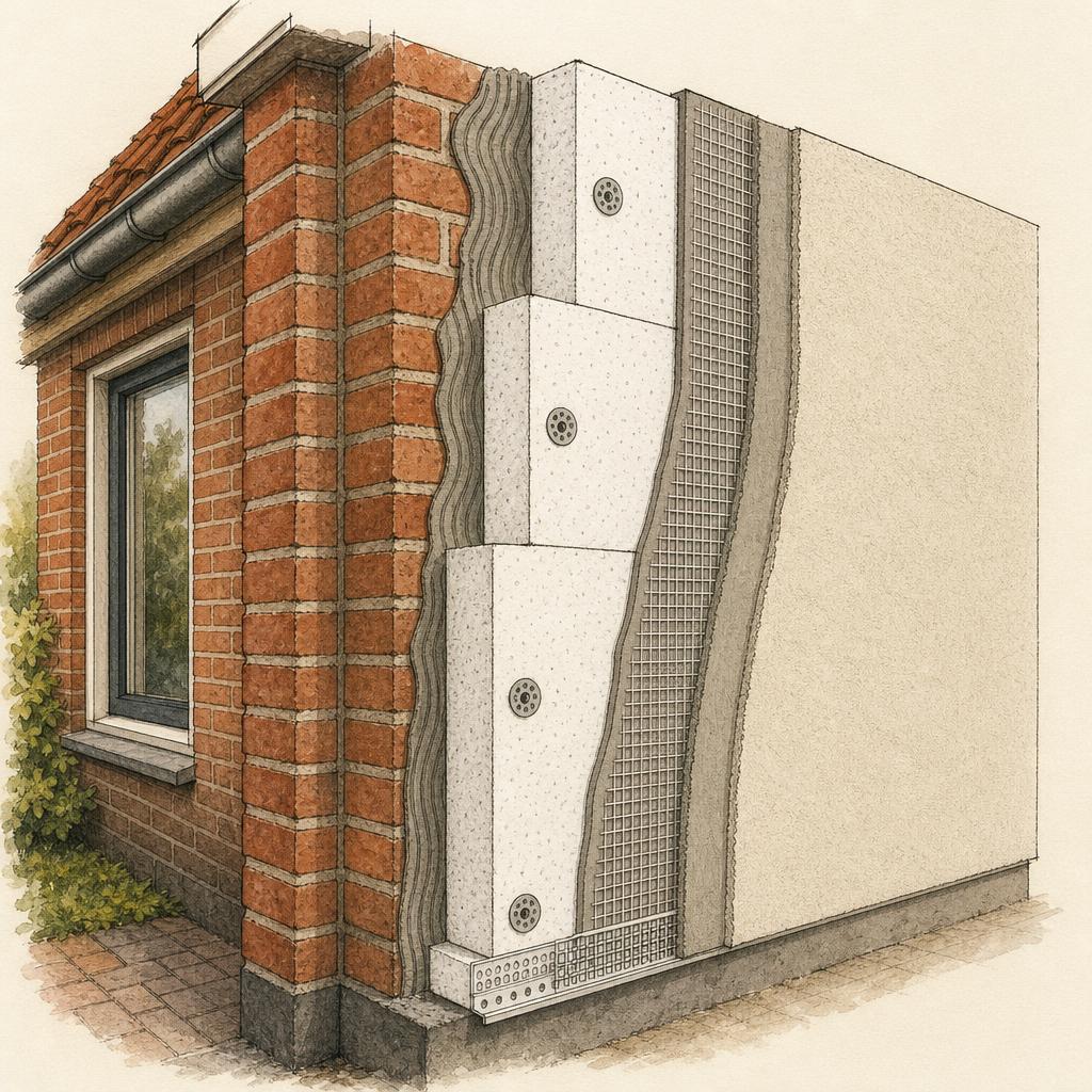 Aquarel-illustratie van een bakstenen gevel met buitenisolatie en stucwerk