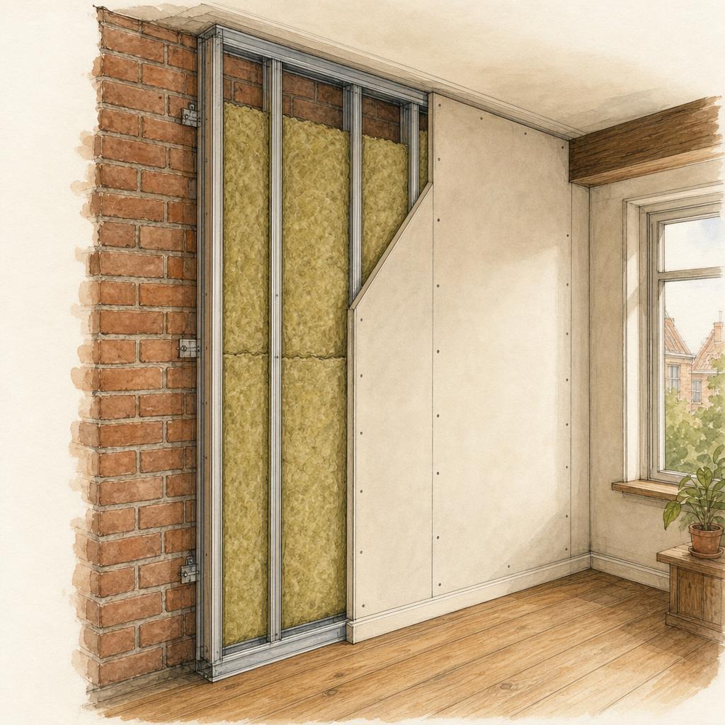 Aquarel-illustratie van een voorzetwand met houten regelwerk en isolatie tussen de stijlen