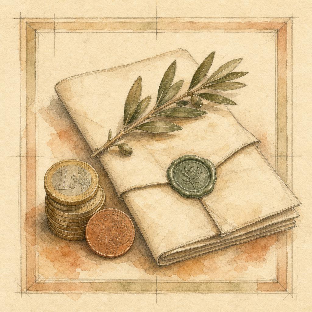 Handgetekende illustratie van een Nederlands huis met een groen geïsoleerd dak, een lakzegel met blad en muntstukken