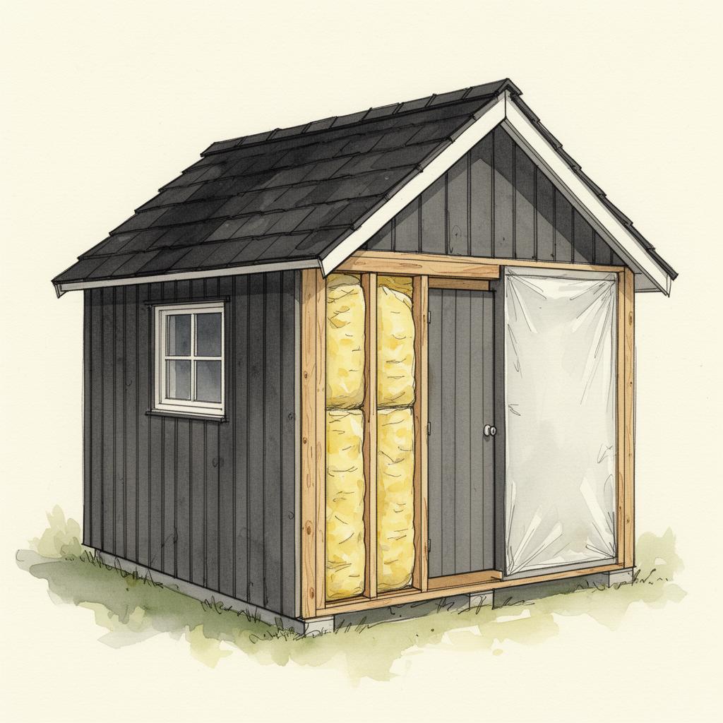 Aquarel-illustratie van een Nederlandse vrijstaande houten schuur met cutaway naar mineralewolisolatie tussen stijl- en regelwerk