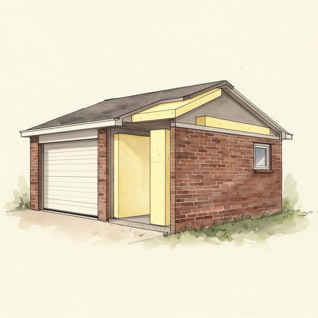 Aquarel-illustratie van een Nederlandse aangebouwde stenen garage met PIR-isolatie aan binnenzijde