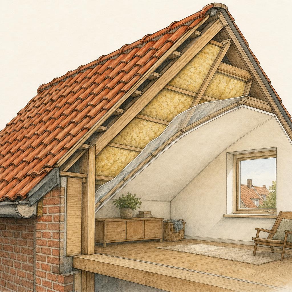 Aquarel-illustratie van een zolderinterieur met isolatieplaten tussen houten dakspanten