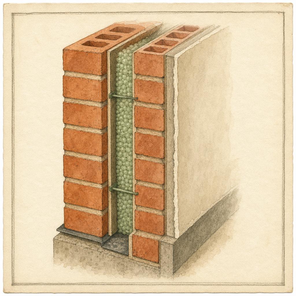 Handgetekende doorsnede van een spouwmuur met buitenblad, isolatie en binnenblad
