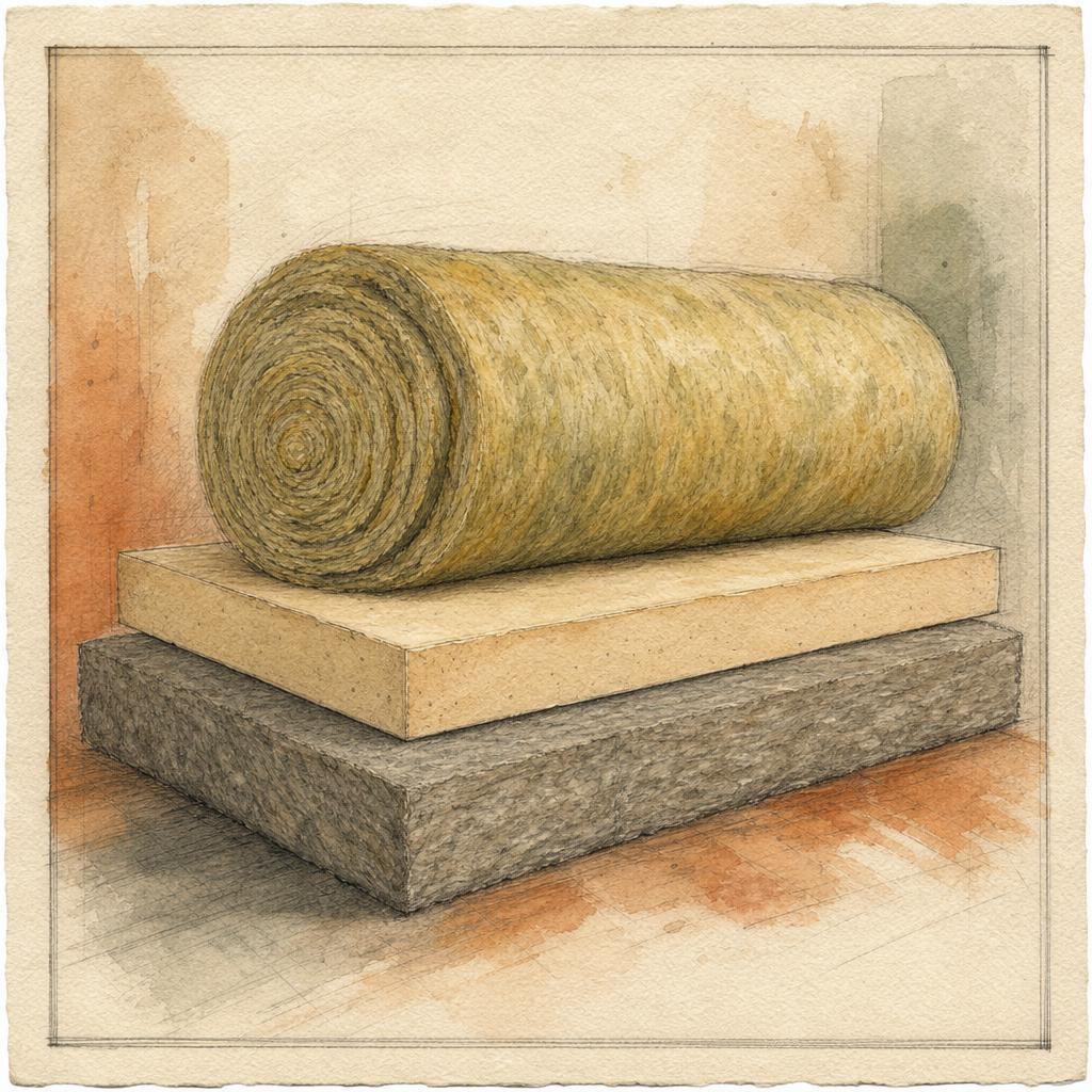 Handgetekend stilleven van isolatiematerialen: glaswolrol, PIR-plaat en steenwolslab